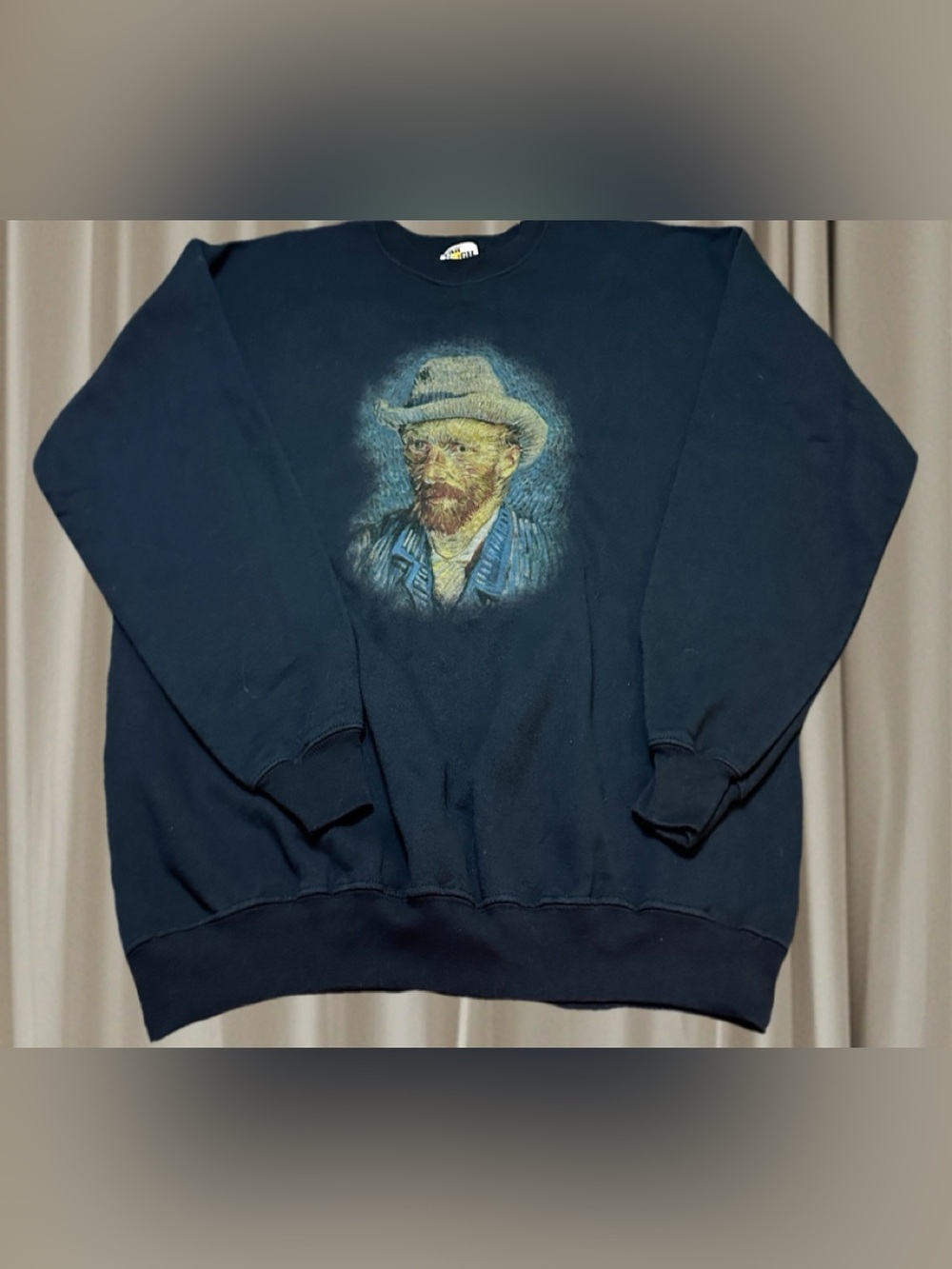 Men's Crewneck Sweater with Van Gogh-Style Portrait Graphic  XL Navy vintage